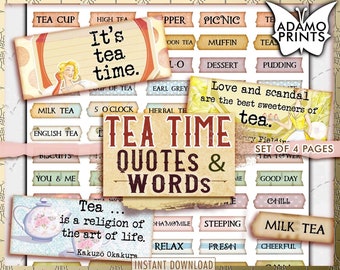 Tea Time Quotes & Words, Journal Words, Junk Journaling Words, Junk Journal Kit, Definition, Mixed Media, Art Ephemera, Printable Quotes