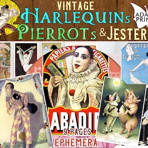 May include: Vintage collage of images featuring harlequins, pierrots, and jesters. The images are in various styles and colours, including a red and white harlequin costume, a blue and white pierrot costume, and a black and white jester costume. The images are all set against a wooden background.