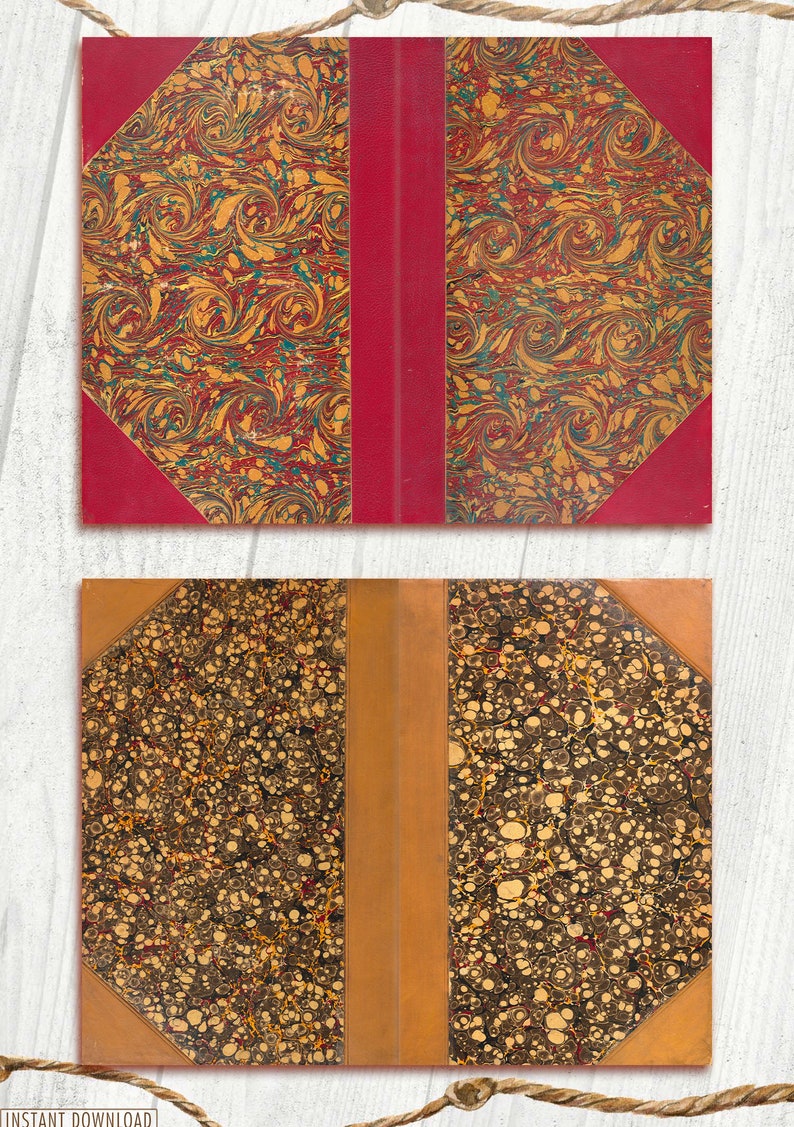 May include: Two antique book covers with marbled paper designs. The top cover has a red spine and a swirling pattern in shades of red, yellow, and blue. The bottom cover has a brown spine and a pattern of small, round spots in shades of brown, yellow, and red.