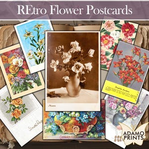 Cartes postales fleurs rétro, affranchissement à l'ancienne, floral numérique, cartes postales imprimables éphémères, images numériques classiques, collage numérique, art vintage