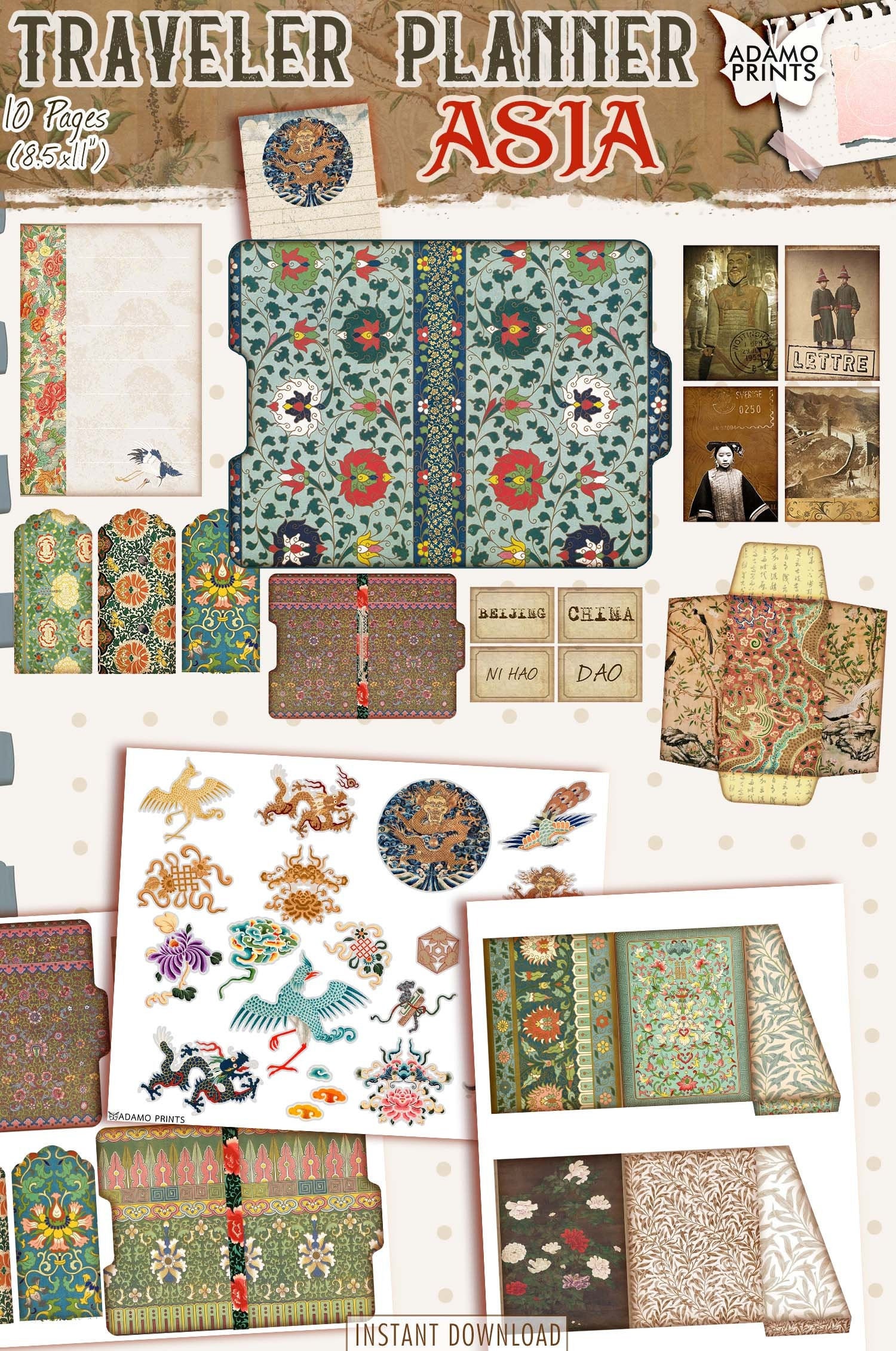 Traveler PLanner Asia Journal Kit, File Folders, Stationery Kit, Traveler's Notebook Inserts, Collage Sheets, Ephemera Planner