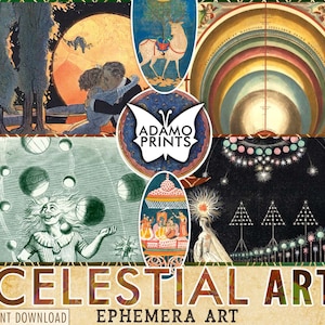 Könnte beinhalten: Eine Collage aus Vintage-Kunstdrucken zum Thema Himmelskörper. Das Bild zeigt verschiedene Illustrationen, darunter ein sich umarmendes Paar, eine Himmelskugel und einen Jongleur mit Planeten. Der Text "CELESTIAL ART" und "EPHEMERA ART" ist unten zu sehen.