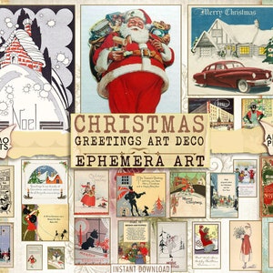 Saudações de Natal Art Déco, Dezembro, Cartões de Natal, Folha de Colagem de Natal, Cartões Vintage, Álbum de recortes, Junk Journal, ATC, Baixar
