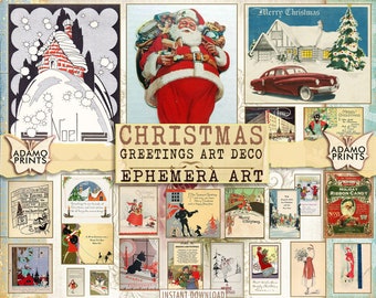 Saludos navideños Art Déco, Diciembre, Tarjetas navideñas, Hoja de collage navideño, Tarjetas vintage, Álbum de recortes, Diario basura, ATC, Descargar
