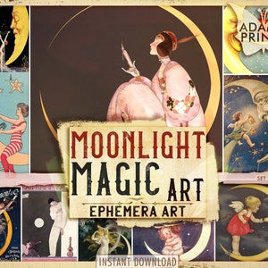 Puede incluir: Un collage de ilustraciones vintage con lunas, estrellas y figuras celestiales. El título "Moonlight Magic Art Ephemera Art" se muestra en una pancarta roja y blanca. También se incluye el texto "Set of 8 Pages" y "Instant Download".