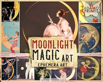 Moonlight Magic Art, Vintage Moon, Moon Ephemera, ATC Cards, Digital Art, Night-Scenes, Classic, Vintage, Painting, Digital Images, Ephemera