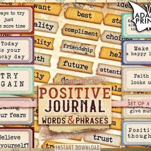 Parole e frasi positive per il diario, parola di junk journaling, citazione di ispirazione digitale, definizione, media misti, scrapbooking, effimeri