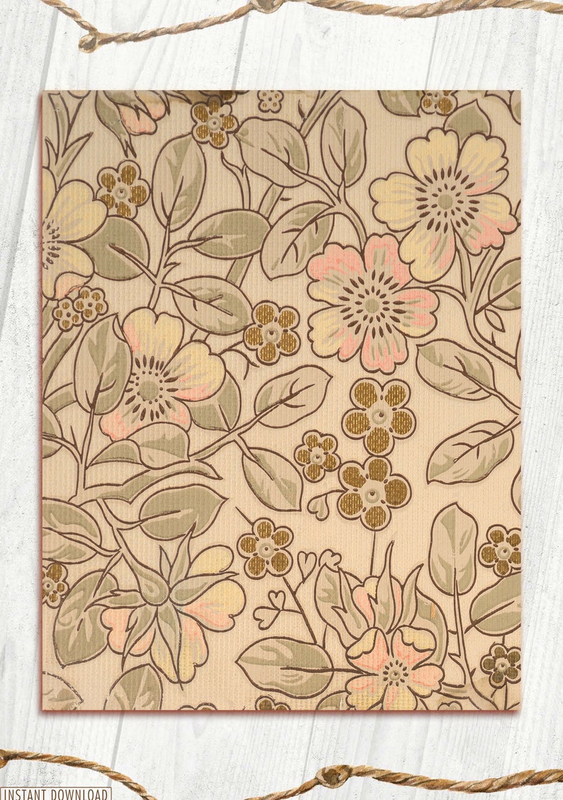 May include: A vintage floral pattern with beige, brown, and pink flowers on a cream background. The pattern is a repeating design of flowers and leaves.