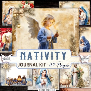 Christmas Nativity Journal Kit Journal Pages Jesus is Born Religious Bible Scrapbook Digital Kit Shabby Christmas Angel Paper Download