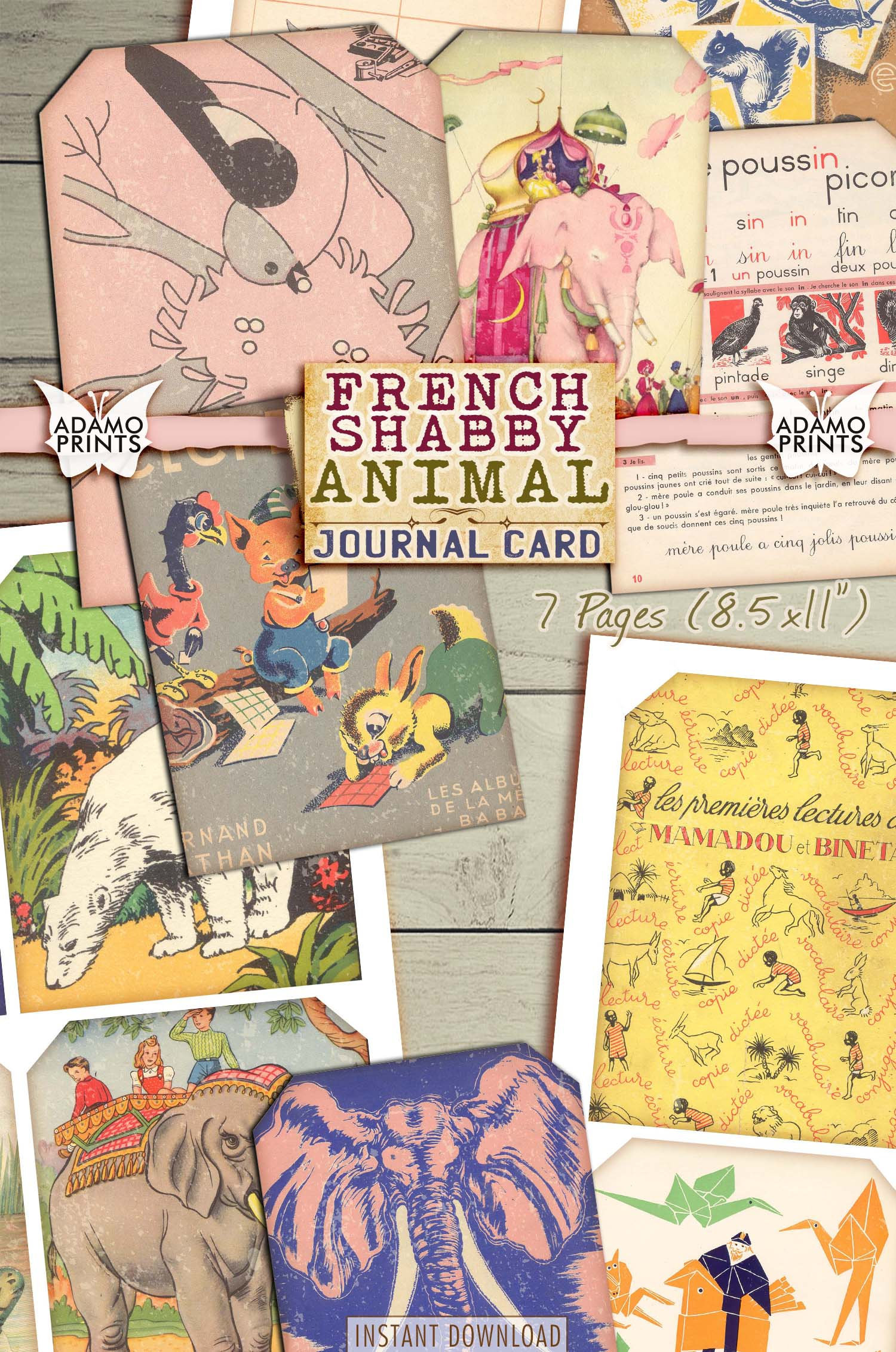 Animales desgastados franceses, tarjetas de diario, tarjetas didácticas, imágenes digitales, arte vintage, etiquetas de collage, efímera clásica, kit de álbumes de recortes, etiquetas de efímeras