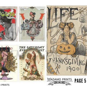 May include: A collage of vintage magazine covers featuring illustrations of people and objects. The covers include "Life" magazine, "The Saturday Evening Post", and "Judge". The covers are in various colors, including red, green, blue, and yellow. The text on the covers includes "Life", "The Saturday Evening Post", "Judge", "Thanksgiving", and "1900".