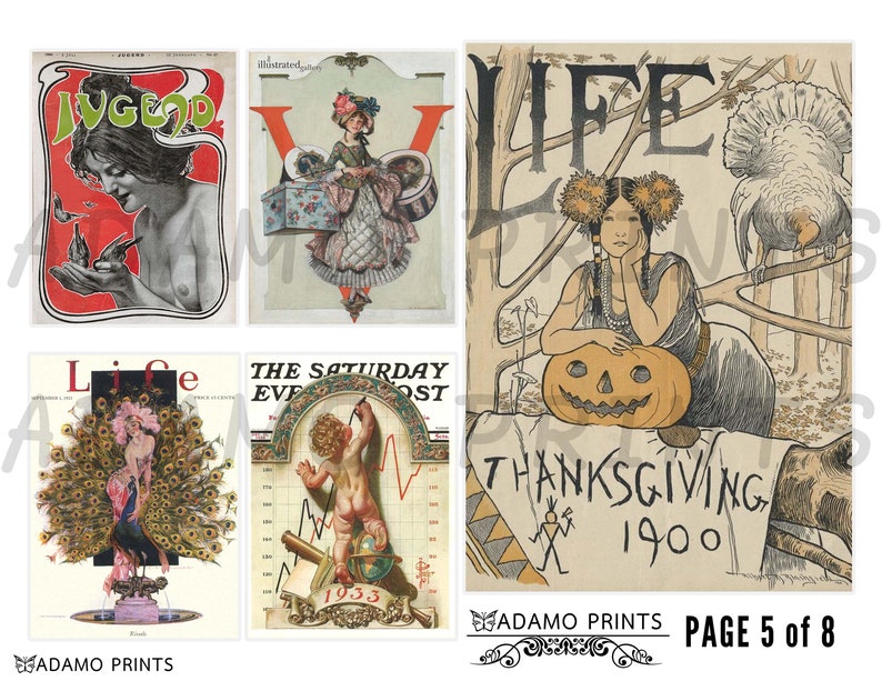 May include: A collage of vintage magazine covers featuring illustrations of people and objects. The covers include "Life" magazine, "The Saturday Evening Post", and "Judge". The covers are in various colors, including red, green, blue, and yellow. The text on the covers includes "Life", "The Saturday Evening Post", "Judge", "Thanksgiving", and "1900".