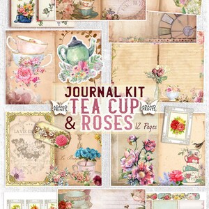 Tea Cup Roses Journal Kit, Journal Page, Roses, Collage Paper, Collage Sheets, ATC, Ephemera Pack, Printable Journal Kit, Scrapbook, Vintage