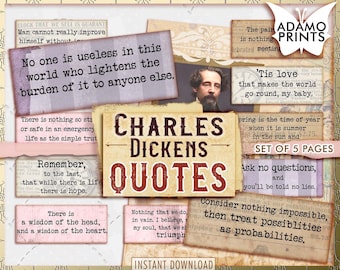 Può includere: Un collage di elementi di carta in stile vintage con citazioni di Charles Dickens. Il design include vari blocchi di testo con citazioni, un ritratto di Dickens e le parole "Charles Dickens Quotes". La tavolozza dei colori è attenuata con toni seppia.