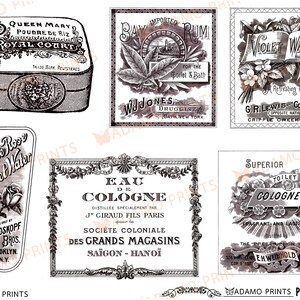 Op de afbeelding: Een verzameling vintage advertenties voor verschillende producten, waaronder poeder, rum, viooltjeswater, toiletwater, cologne en een superieure toiletcologne. De advertenties zijn in zwart-wit en hebben sierlijke ontwerpen en typografie.