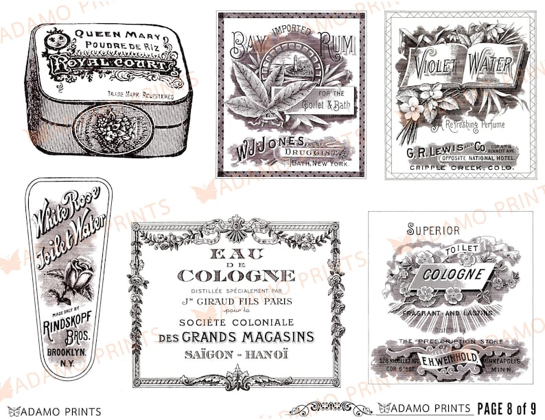 Op de afbeelding: Een verzameling vintage advertenties voor verschillende producten, waaronder poeder, rum, viooltjeswater, toiletwater, cologne en een superieure toiletcologne. De advertenties zijn in zwart-wit en hebben sierlijke ontwerpen en typografie.