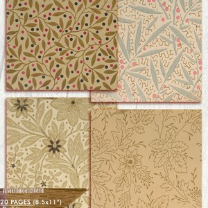 May include: A digital download of 20 printable pages of vintage floral patterns. The patterns are in shades of brown, beige, and green. The text "20 PAGES (8.5x11") Building your own Style, suitable for Any projects!" is at the bottom of the image.
