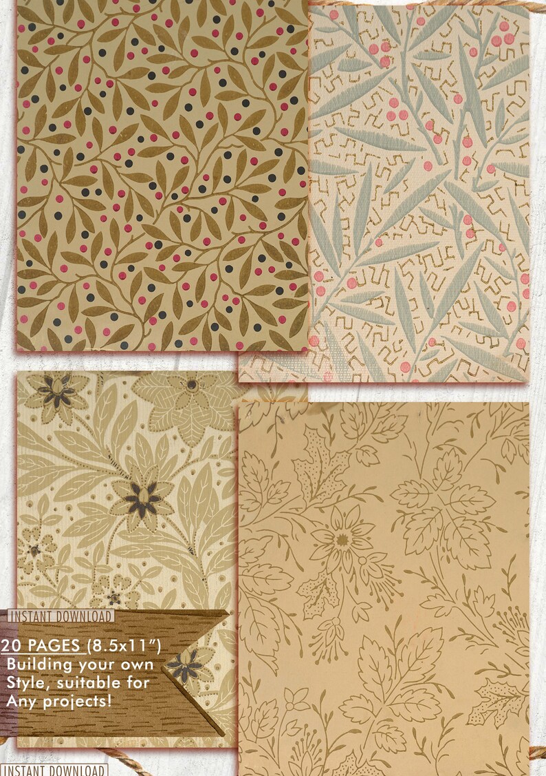 May include: A digital download of 20 printable pages of vintage floral patterns. The patterns are in shades of brown, beige, and green. The text "20 PAGES (8.5x11") Building your own Style, suitable for Any projects!" is at the bottom of the image.