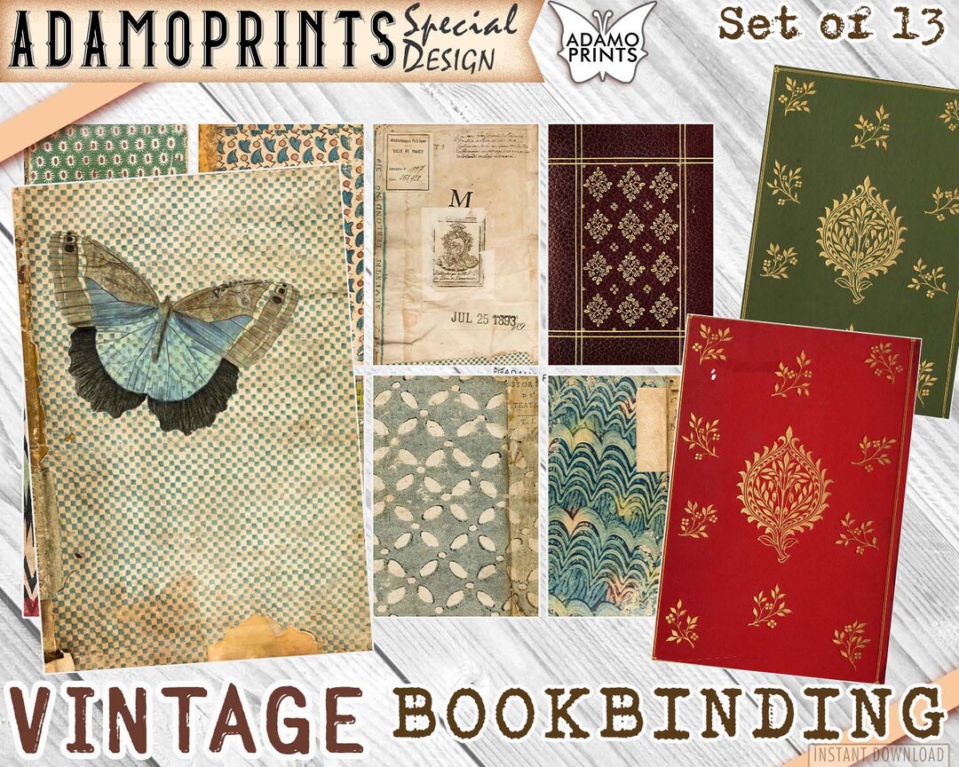 Vintage Bookbinding Pattern, Grunge Digital Paper, Junk Journal Kit, Antique Paper, Paper for