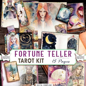 Fortune Teller Tarot Junk Journal Kit Magic Charm Divine Journal Páginas Astrología Luna Imprimible Papel Collage Hojas Scrapbook Digital Kit