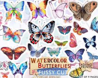 Mariposas de acuarela, corte filigrana, adorno de mariposa, álbum de recortes, etiquetas, imágenes digitales, collage, efímera, diario de mariposas