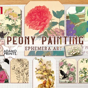 Pintura de peonía, Sakura, pájaros, flor efímera, imagen digital, arte vintage, flor en mal estado, naturaleza de álbum de recortes, collage digital, ATC