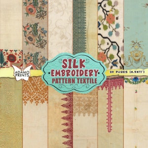 May include: A collage of 20 pages of vintage silk embroidery patterns. The patterns are in various colors, including red, blue, green, and gold. The pages are labeled "Silk Embroidery Pattern Textile" and "20 Pages (8.5x11)".