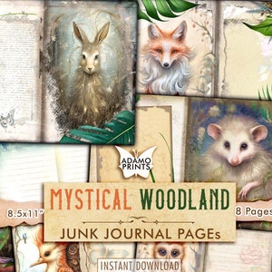 Pagine del diario della spazzatura del bosco mistico, kit digitale del diario della spazzatura del collage naturale, foresta stampabile, carta del diario della spazzatura, diario vuoto e a righe