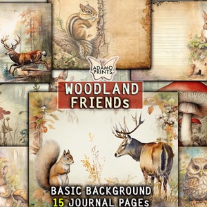 Podstawowy zestaw dziennika Woodland Friends Junk, cyfrowe tło papieru do dziennika, papier do dziennika Animals Junk, cyfrowy zestaw Woodland do druku