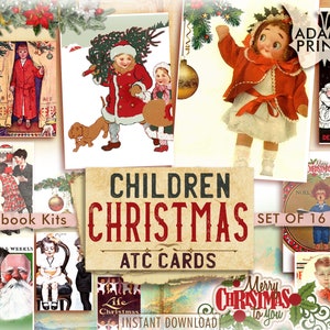 Kinderen kerstkaarten ATC, december, geschenken, dagboekkaarten, collageblad Kerstmis, vintage kaarten, plakboek, junk journal, collageblad
