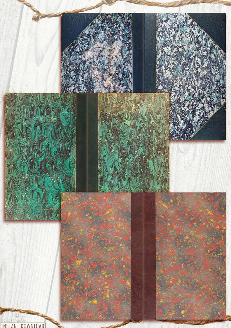 May include: Four vintage book covers with marbled paper designs. The covers are in various colors, including green, blue, and red. Each cover has a spine with a leather binding.