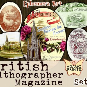 Könnte beinhalten: Eine Sammlung von Vintage-Ephemera-Kunstdrucken, darunter Illustrationen einer Kirche, einer Frau und Werbung für Druckereien. Die Drucke enthalten Texte wie "British Lithographer Magazine" und "Scottish Printing Ink Factory".