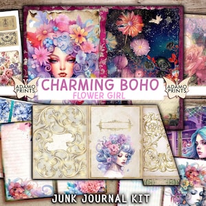 Charmant kit de journal indésirable Boho Flower Girl, page de journal Boho, papier imprimable floral Boho, feuilles de collage, papier Boho imprimable