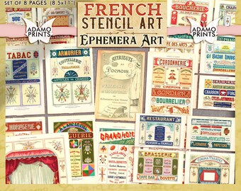 May include: A set of eight printable pages featuring vintage French shop signs. The pages are 8.5 inches by 11 inches and feature a variety of shops, including a bakery, a butcher shop, a shoemaker, a hardware store, a restaurant, a hotel, a bar, and a cinema. The signs are in French and feature illustrations of the goods sold in each shop.