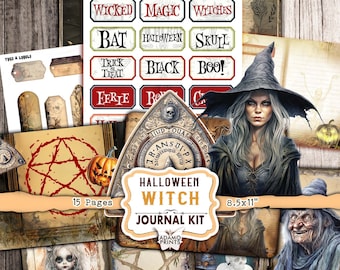 以下が含まれることがあります： 15ページのデジタル印刷可能なハロウィーン魔女ジャーナルキット。キットには、魔女、カボチャ、頭蓋骨、その他のハロウィーンをテーマにした要素の画像が含まれています。キットは8.5インチ×11インチです。