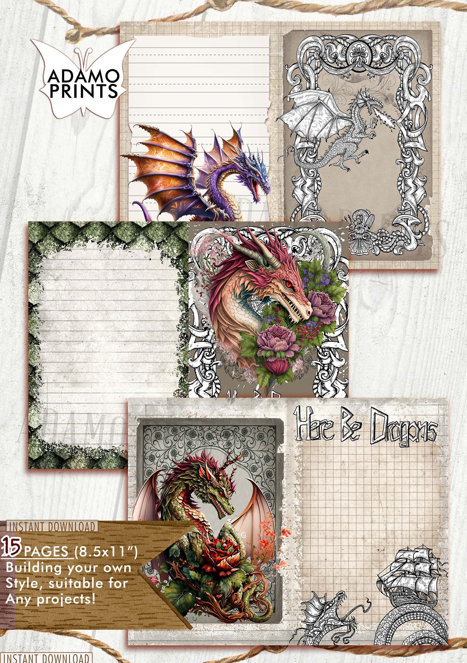 Mystical Dragon Journal Kit, Blank & Lined Page, Magic, Collage Sheets ...