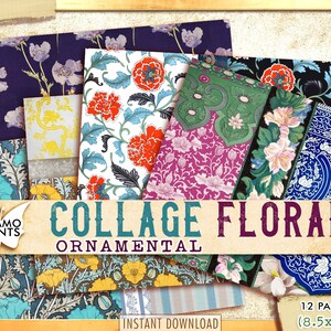 Paquete de papel floral ornamental de collage, kit de diario basura, papeles Shabby Chic, hojas de collage imprimibles, efímeras de collage, kits digitales