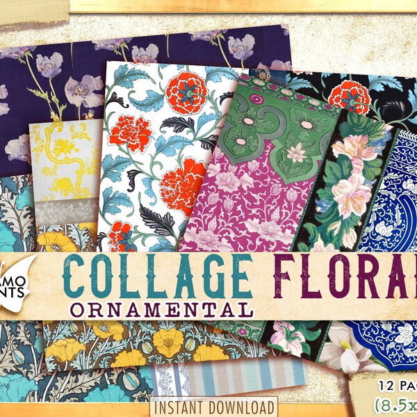 Collage Ornamental Floral Paper Pack, Junk Journaling Kit, Shabby Chic Papers, Printable Collage Sheets, Collage Ephemera, Digital Kits