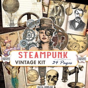 Vintage Steampunk Journal Kit Grunge Journal Pages Industrial Mechanic Travel Ephemera Printable Women Scrapbook Lined Paper