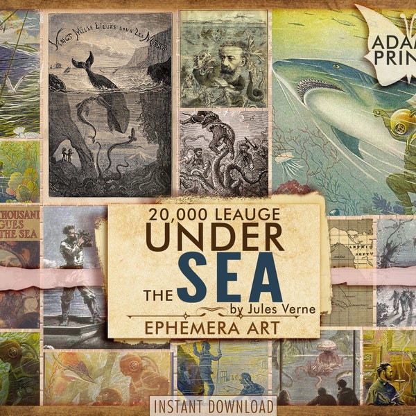 20,000 Leagues Under the Sea by Jules Verne, Sci-Fi Digital Book, Ephemera Classics, Digital Images, Vintage Art, Travel, Digital Collage
