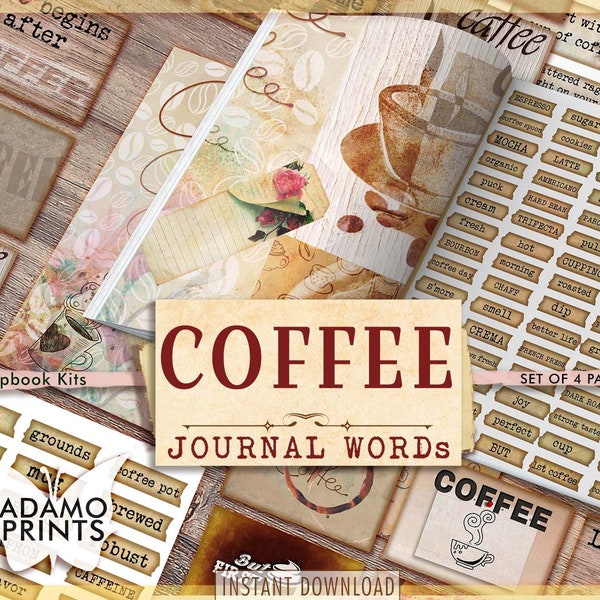 Coffee Journal Words, Journal Quotes, Junk Journaling Words, Junk Journal Kit, Definition, Mixed Media, Art Ephemera, Printable Quotes