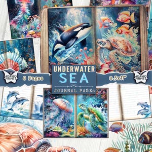 Páginas de diario de animales marinos bajo el agua, kit de diario oceánico, tortuga, tiburón, pez, ballena, medusa, kit digital de hojas de collage, diario efímero