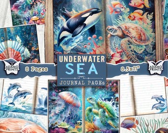 May include: Watercolor journal pages with an underwater sea theme. The pages feature illustrations of jellyfish, orcas, turtles, and various fish. The text on the cover reads "Underwater Sea Journal Pages" and the pages are 8.5x11 inches.