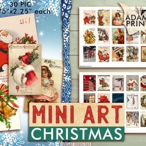 Mini Art - Kerstmis, miniatuurafbeeldingen, december, digitale versieringen, collageblad, vintage kaarten, shabby, plakboek, junk journal