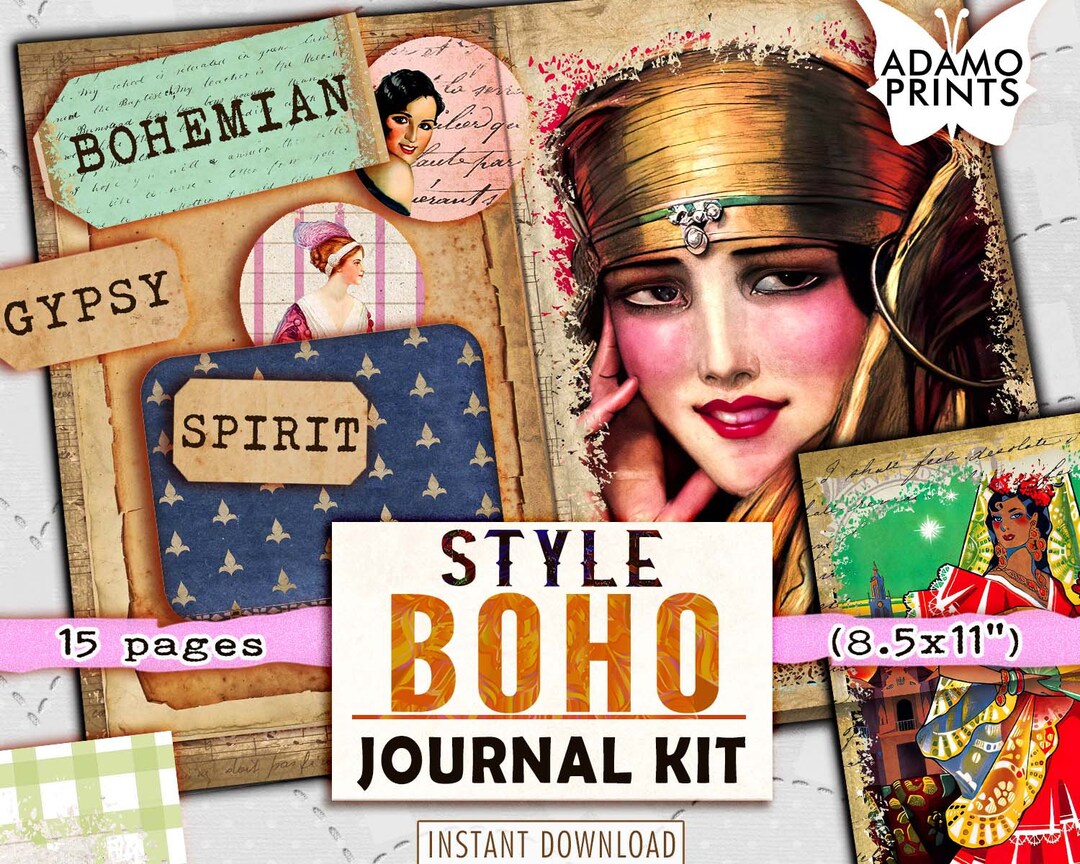 Boho Style Journal Kit, Lined & Blank, Gypsy, Bohemian, Collage Sheets