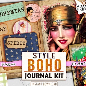 Kit de diario estilo boho, forrado y en blanco, gitano, boho, hojas de collage, papel boho digital, kit de diario imprimible, boho imprimible
