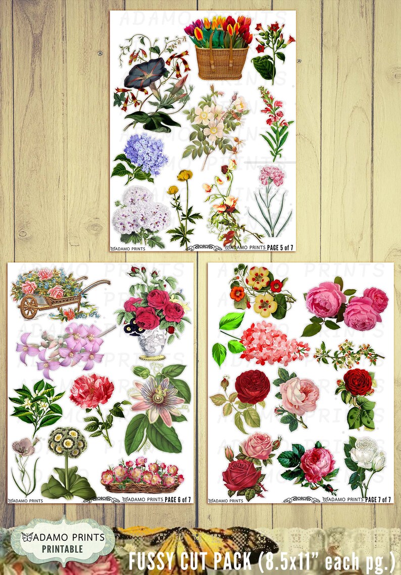 Download Vintage Flower Fussy Cut Junk Journal Kit Rose Sunflower ...