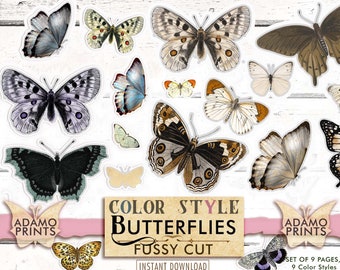 Mariposas con estilo de color, cortes finos, adornos de mariposas, álbumes de recortes, etiquetas, imágenes digitales, collages, efímeras, diario de mariposas