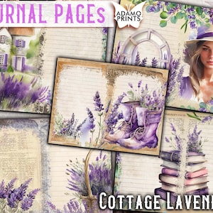 Páginas de diario de lavanda de cabaña, diario basura de jardín, hojas de collage, botánico, efímera imprimible, plantas de álbum de recortes, flores silvestres vintage