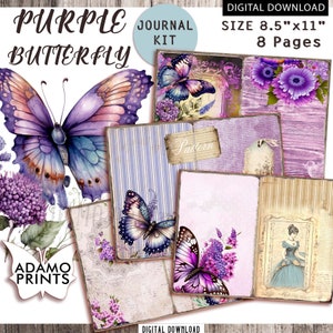Púrpura mariposa basura diario páginas floral diario kit jardín flores collage hojas efímera forrada y en blanco imprimible alterado arte álbum de recortes